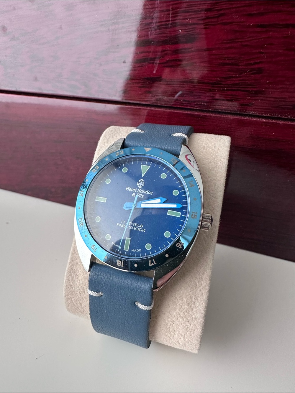 Henri Sandoz Blue Dial Men's Watch with Blue Leather Strap